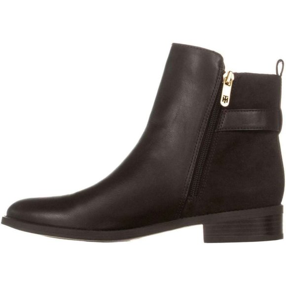 Tommy Hilfiger Irsela Brown Gold Ankle Zip Leather Booties - Picture 9 of 13
